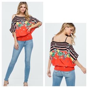 Tops - Off Shoulder Floral and Stripe Woven Top Tops - Off Shoulder Floral and Stripe Woven Top